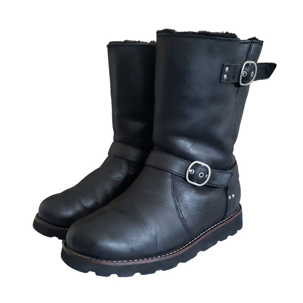 UGG Noira Leather Waterproof Motorcycle Boots Womens Sz7 Sheepskin Lined 1001733